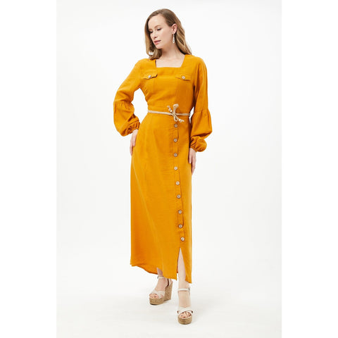 Mustard Button Detail Long Dress | Montivo Pakistan