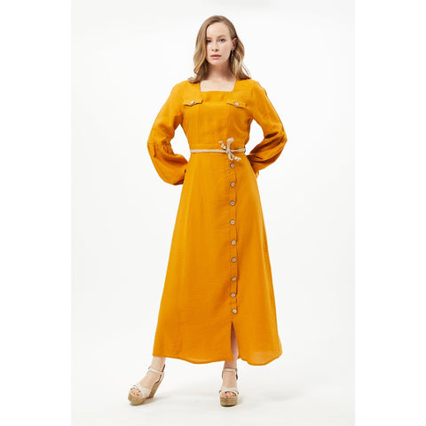 Mustard Button Detail Long Dress | Montivo Pakistan