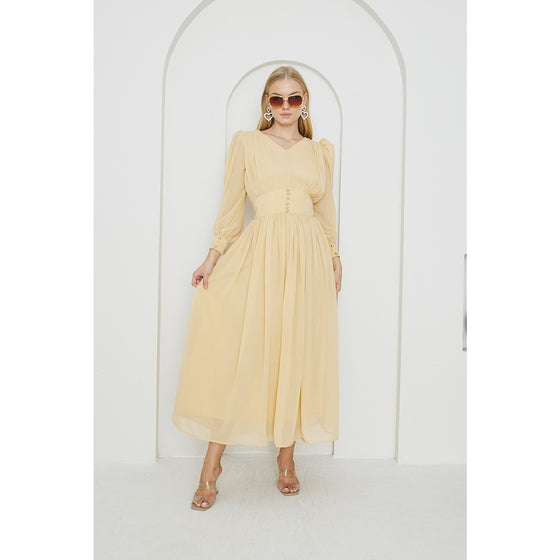 Lemon Chiffon Corset Puff Sleeves Dress | Montivo Pakistan