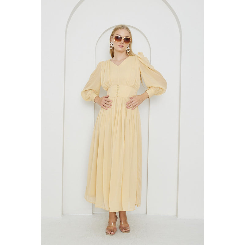 Lemon Chiffon Corset Puff Sleeves Dress | Montivo Pakistan