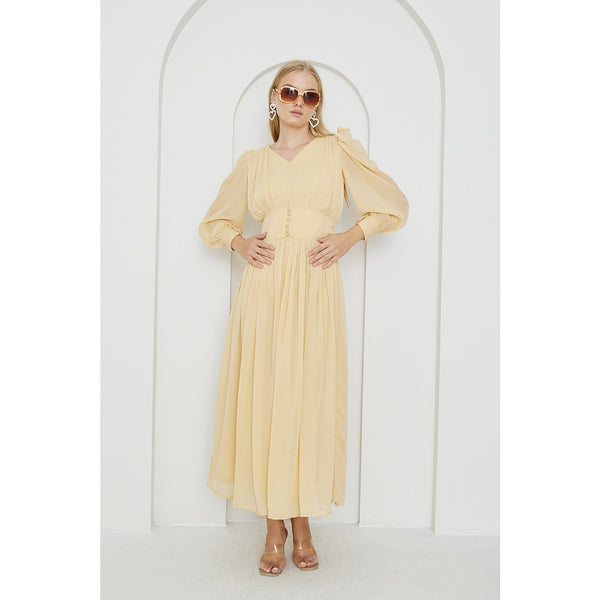 Lemon Chiffon Corset Puff Sleeves Dress | Montivo Pakistan