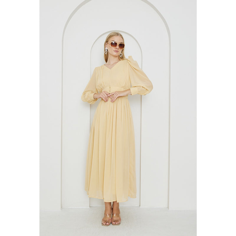 Lemon Chiffon Corset Puff Sleeves Dress | Montivo Pakistan