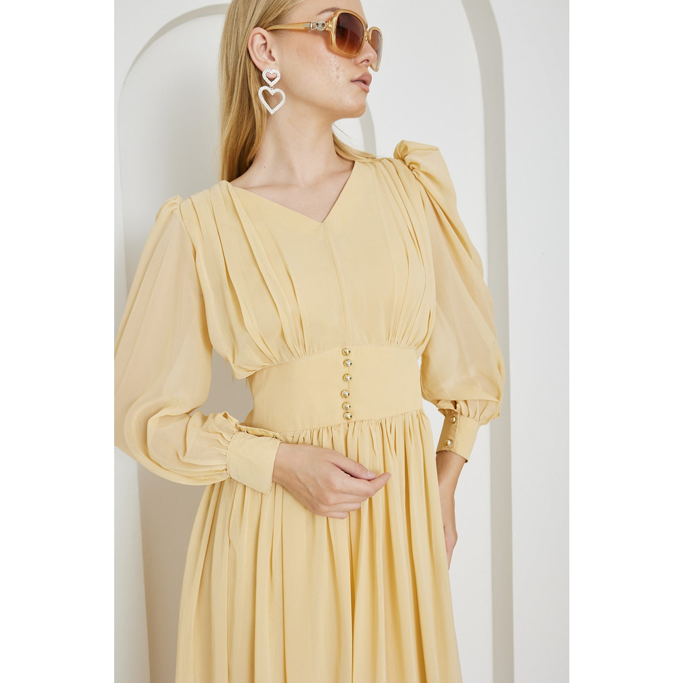 Lemon Chiffon Corset Puff Sleeves Dress | Montivo Pakistan