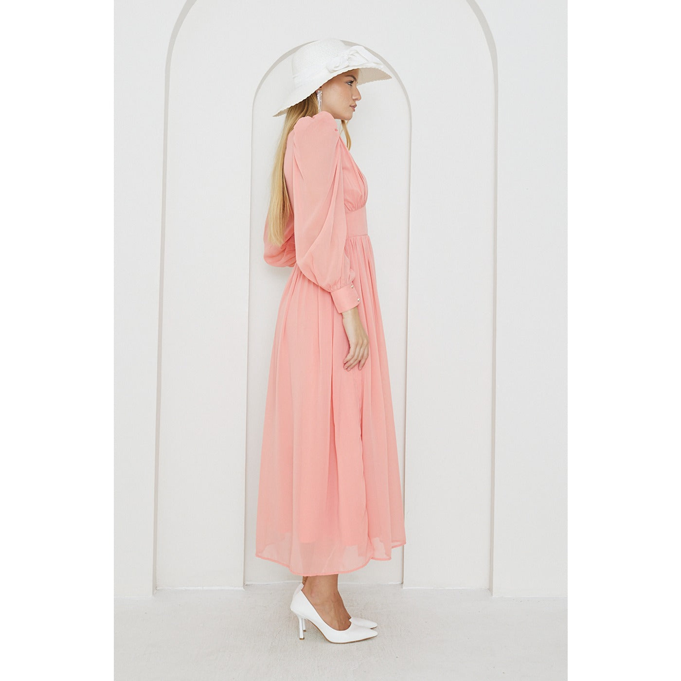 Pink Chiffon Corset Puff Sleeves Dress | Montivo Pakistan