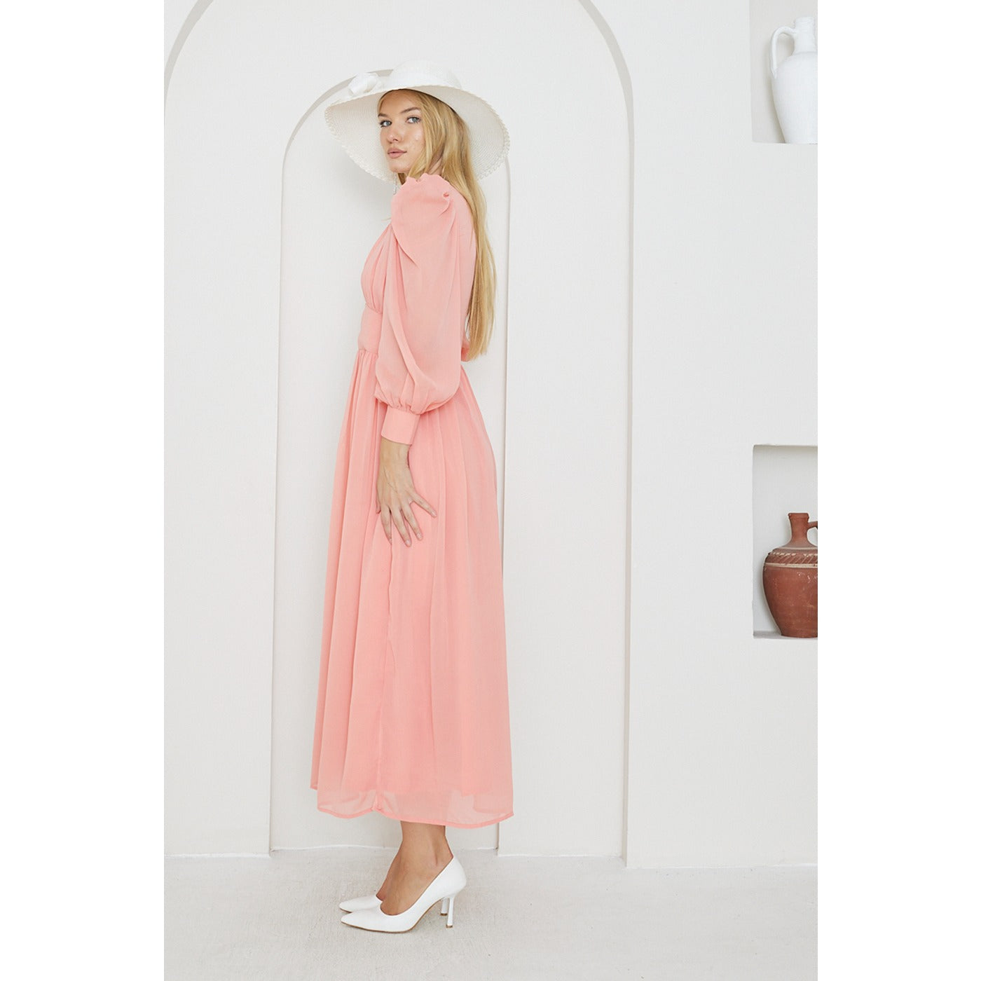 Pink Chiffon Corset Puff Sleeves Dress | Montivo Pakistan