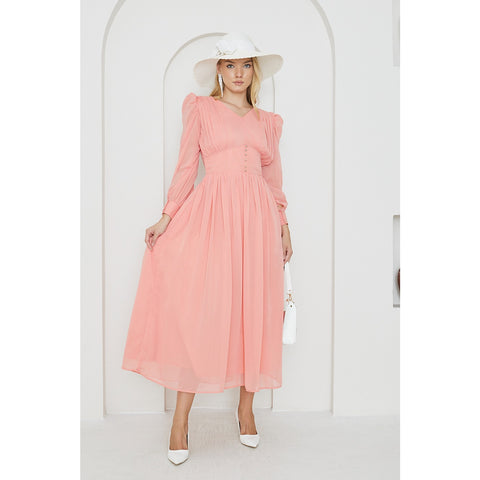 Pink Chiffon Corset Puff Sleeves Dress | Montivo Pakistan