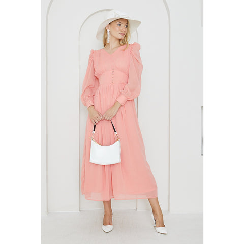 Pink Chiffon Corset Puff Sleeves Dress | Montivo Pakistan