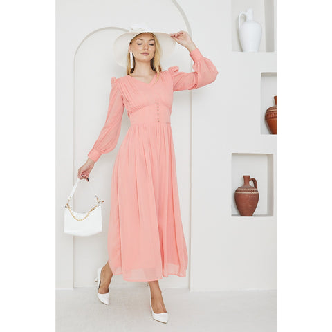 Pink Chiffon Corset Puff Sleeves Dress | Montivo Pakistan
