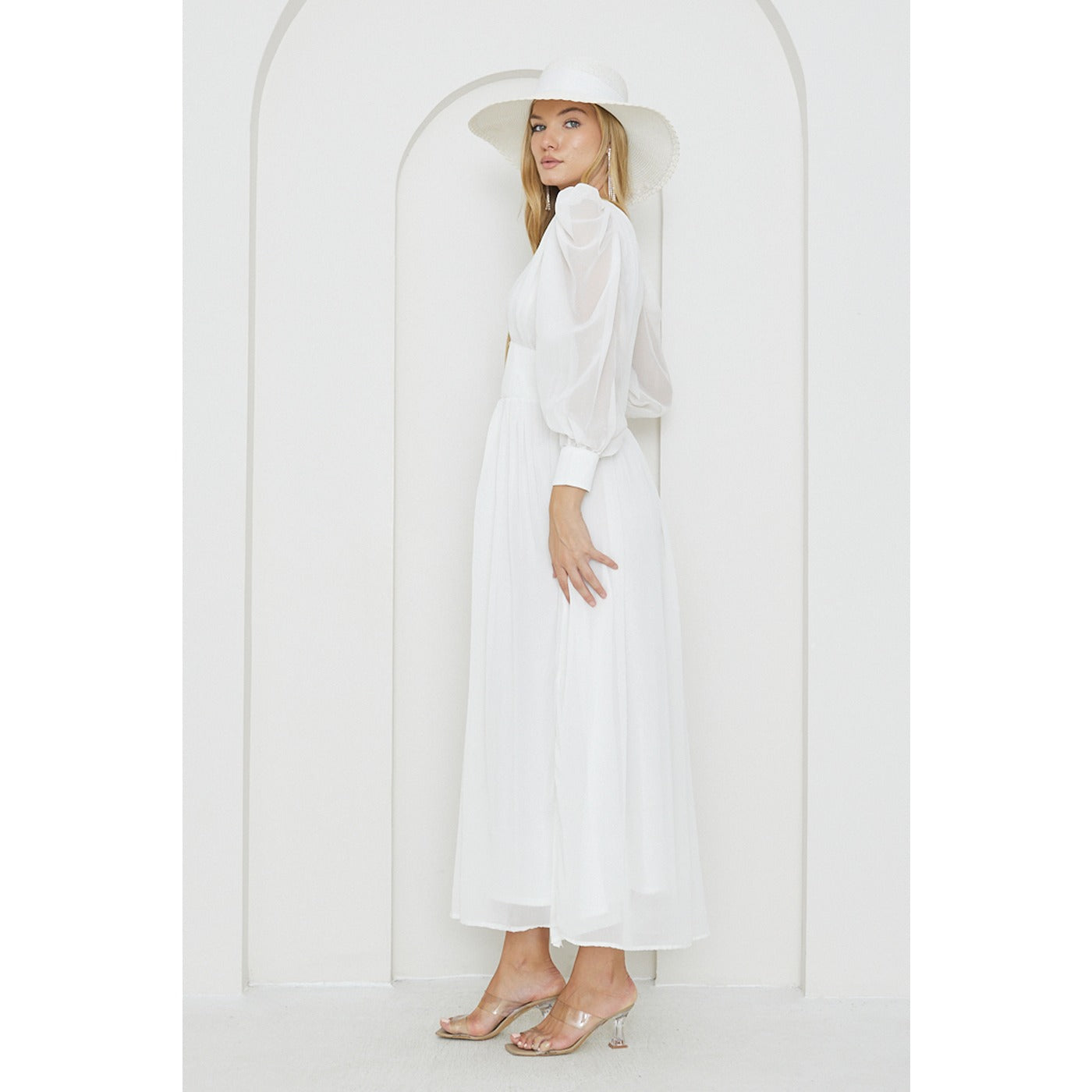 White Chiffon Corset Puff Sleeves Dress