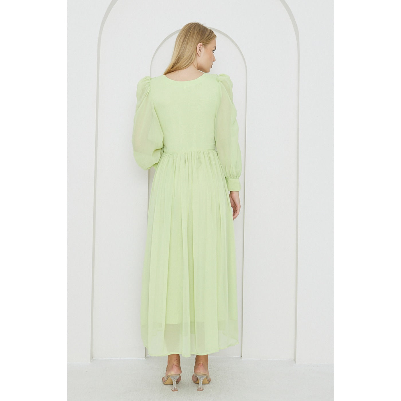 Green Chiffon Corset Puff Sleeves Dress | Montivo Pakistan