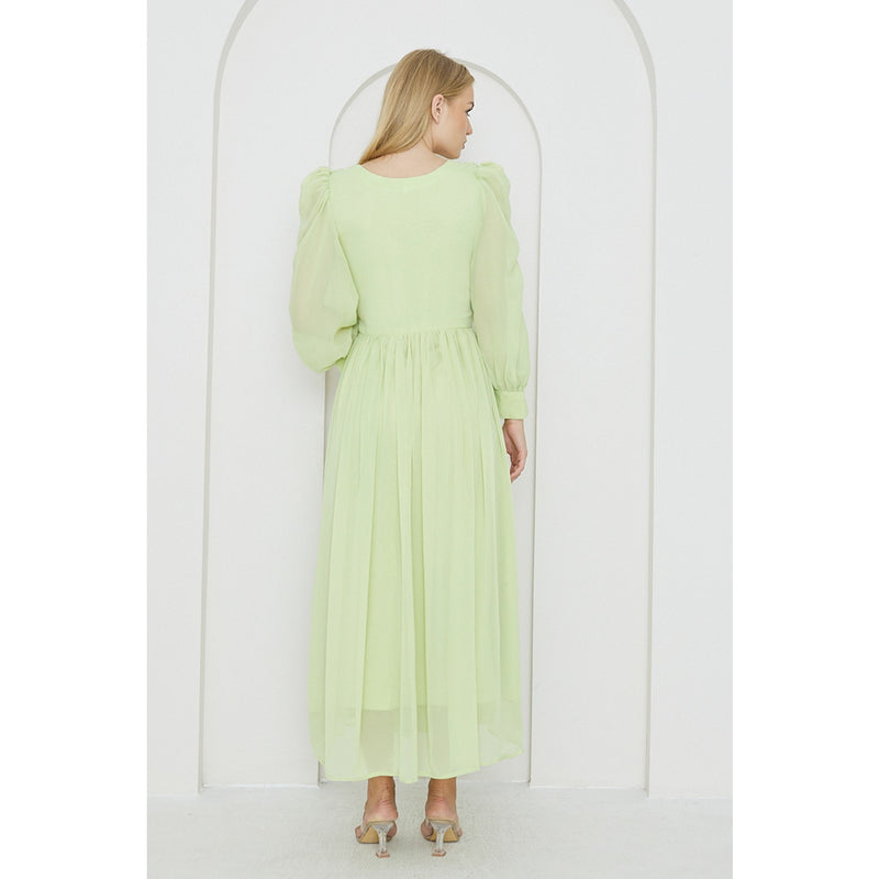 Green Chiffon Corset Puff Sleeves Dress | Montivo Pakistan