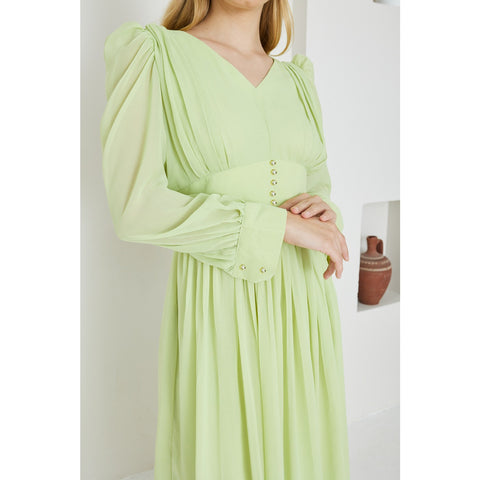 Green Chiffon Corset Puff Sleeves Dress | Montivo Pakistan