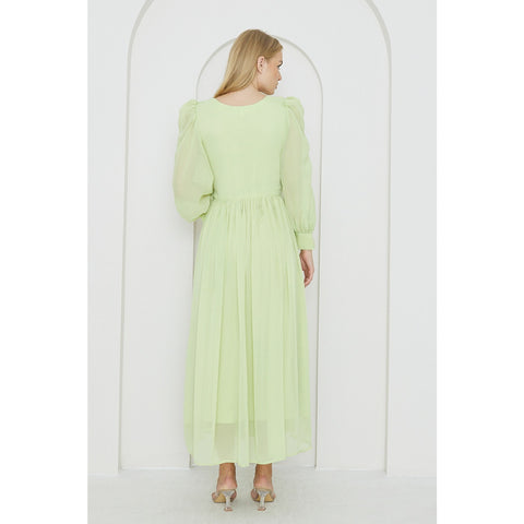 Green Chiffon Corset Puff Sleeves Dress | Montivo Pakistan