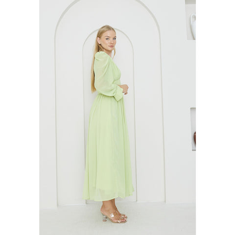 Green Chiffon Corset Puff Sleeves Dress | Montivo Pakistan