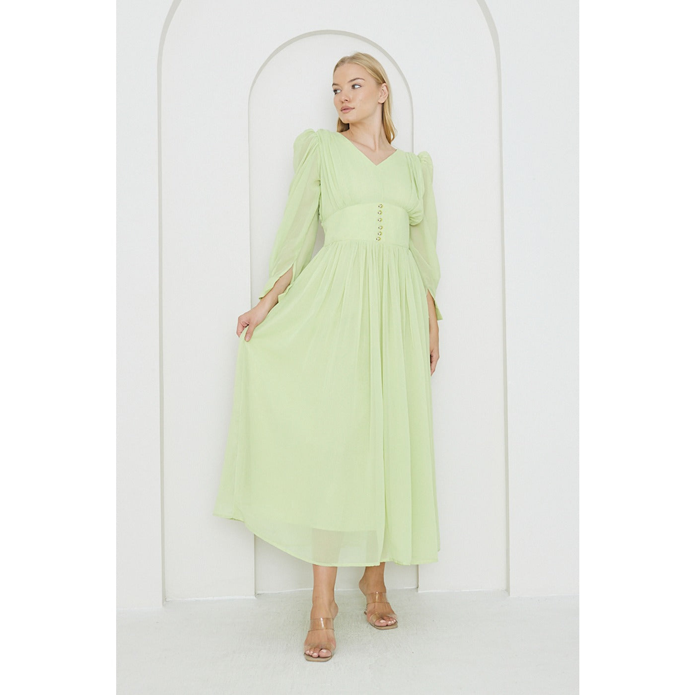 Green Chiffon Corset Puff Sleeves Dress | Montivo Pakistan