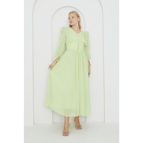 Green Chiffon Corset Puff Sleeves Dress | Montivo Pakistan