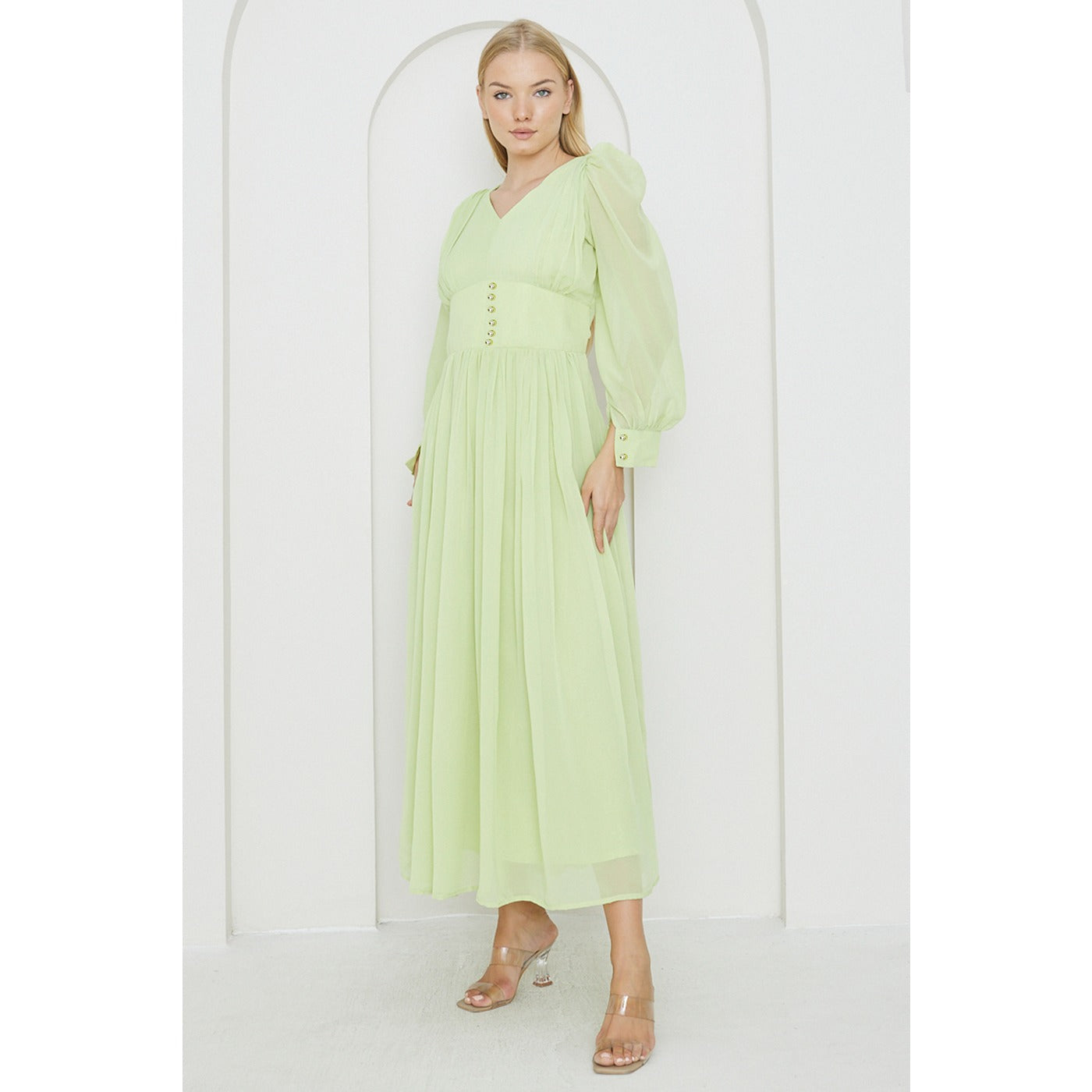 Green Chiffon Corset Puff Sleeves Dress | Montivo Pakistan