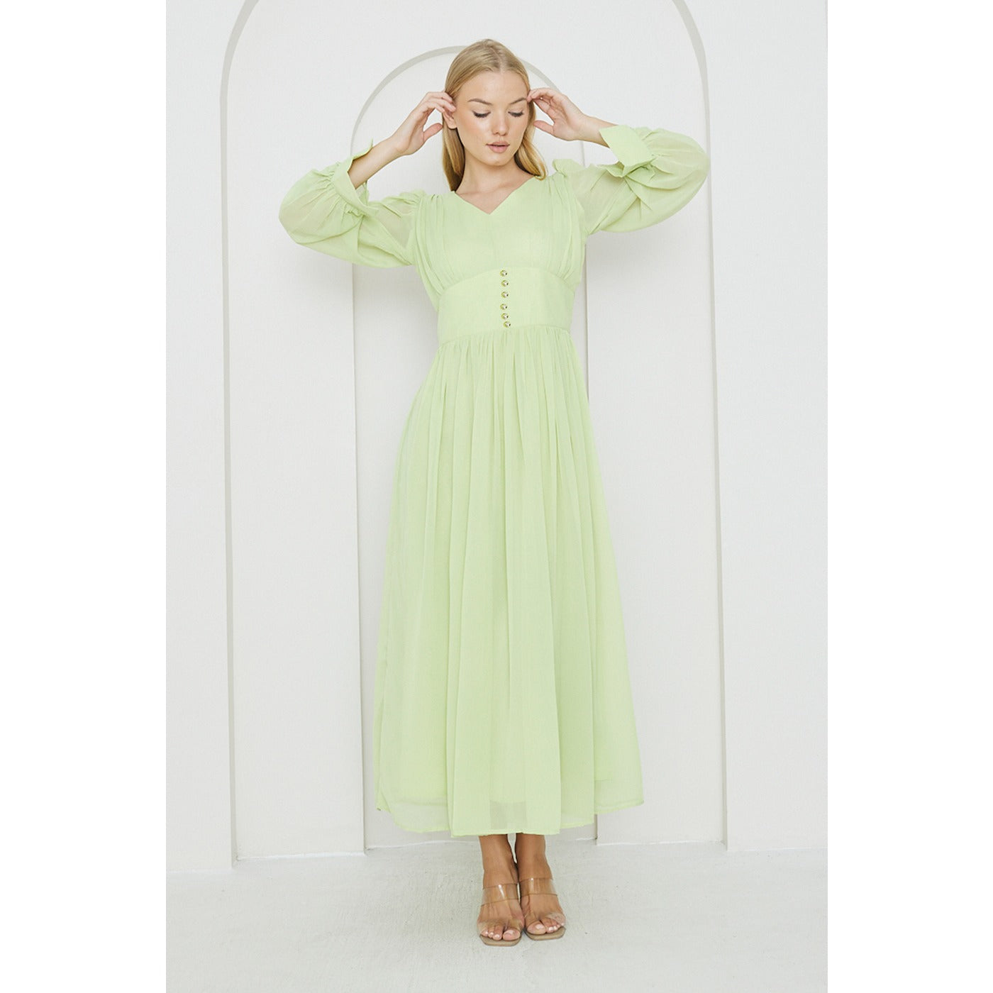 Green Chiffon Corset Puff Sleeves Dress | Montivo Pakistan