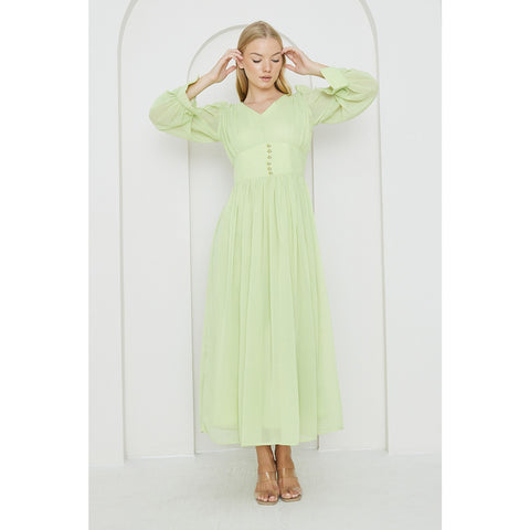 Green Chiffon Corset Puff Sleeves Dress | Montivo Pakistan