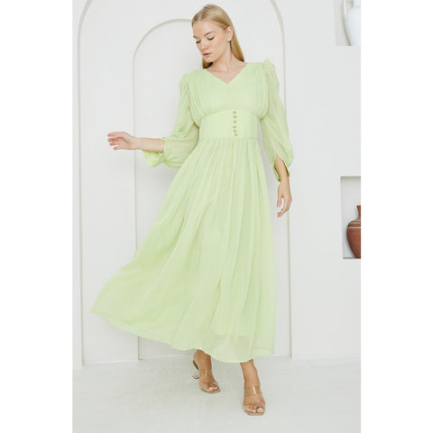 Green Chiffon Corset Puff Sleeves Dress | Montivo Pakistan