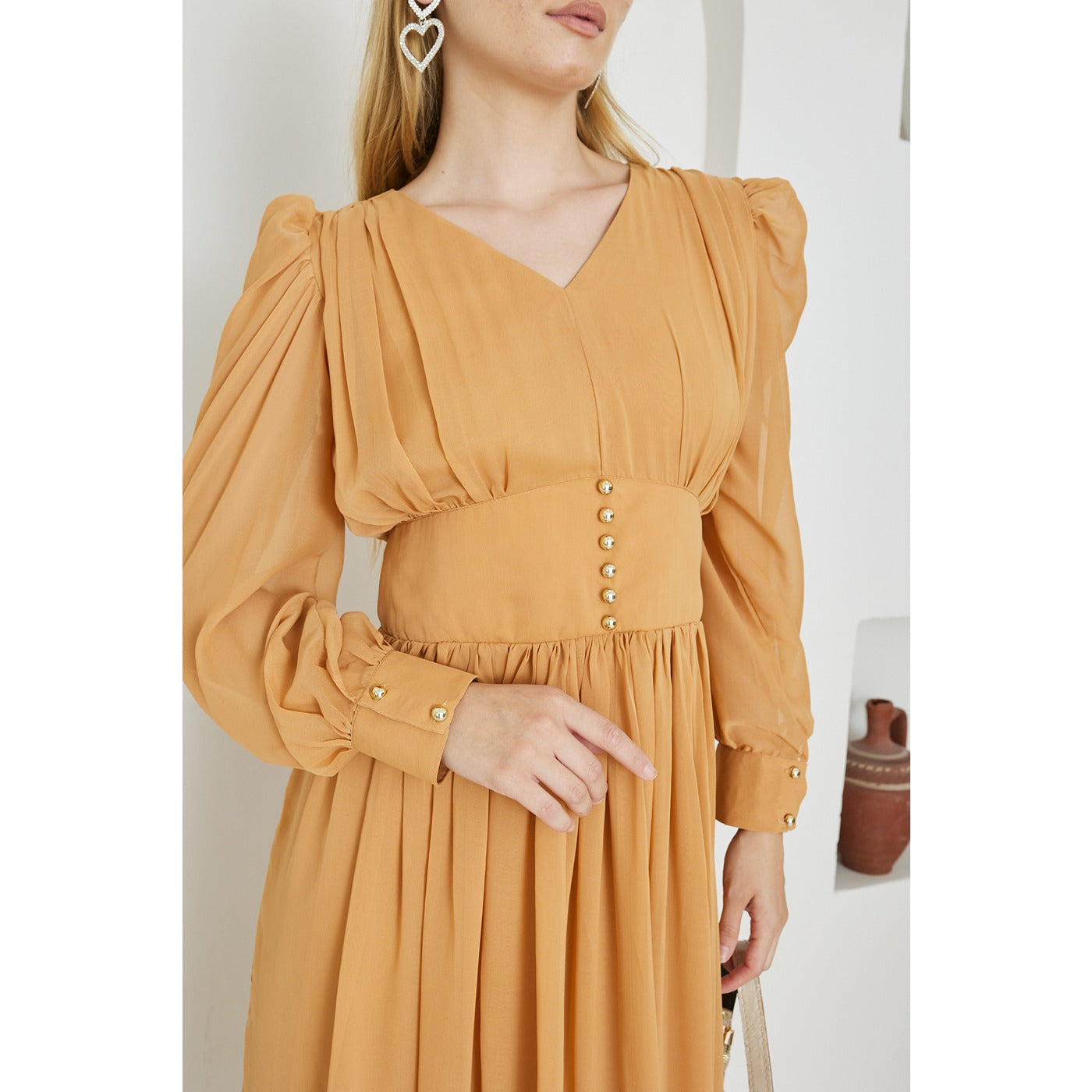 Mustard Chiffon Corset Puff Sleeves Dress | Montivo Pakistan