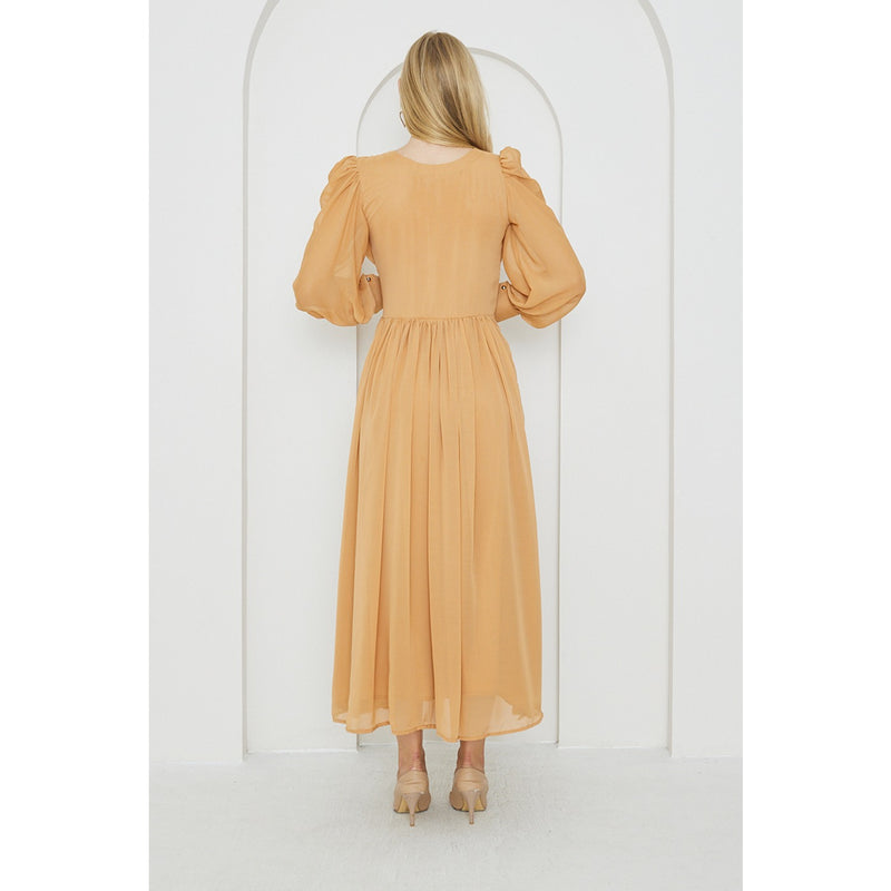 Mustard Chiffon Corset Puff Sleeves Dress | Montivo Pakistan