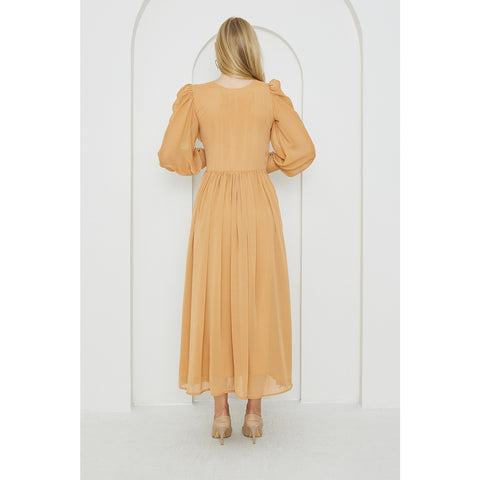 Mustard Chiffon Corset Puff Sleeves Dress | Montivo Pakistan