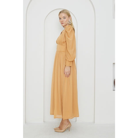 Mustard Chiffon Corset Puff Sleeves Dress | Montivo Pakistan