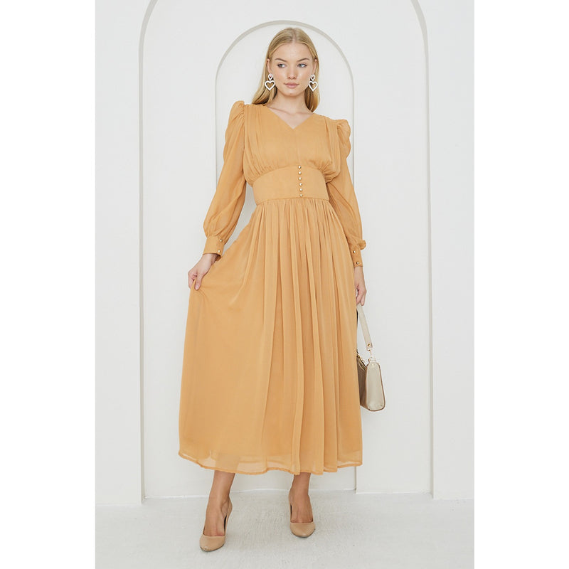 Mustard Chiffon Corset Puff Sleeves Dress | Montivo Pakistan