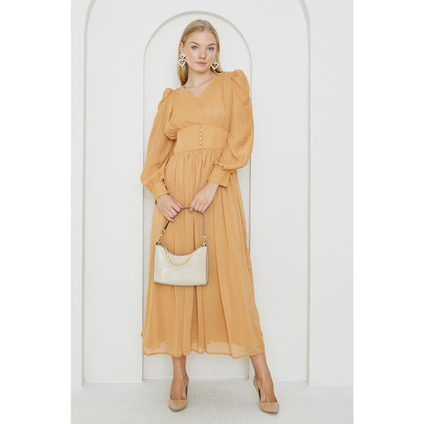 Mustard Chiffon Corset Puff Sleeves Dress | Montivo Pakistan