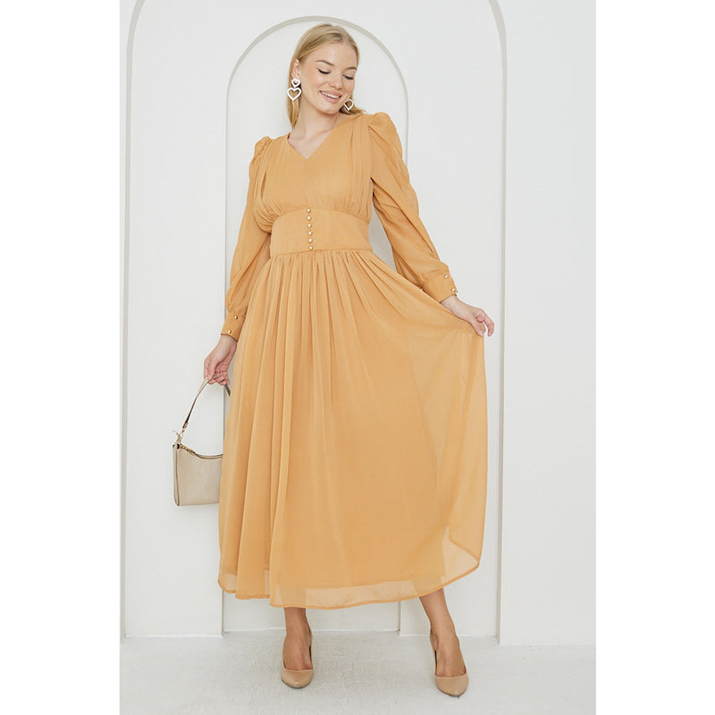 Mustard Chiffon Corset Puff Sleeves Dress | Montivo Pakistan