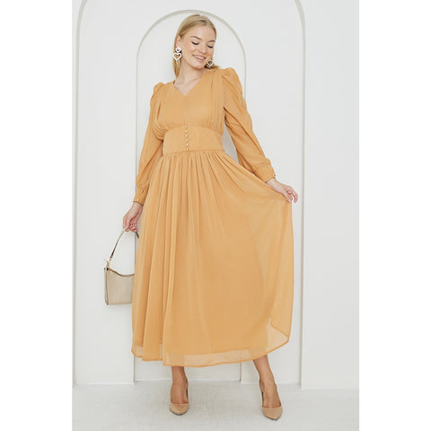 Mustard Chiffon Corset Puff Sleeves Dress | Montivo Pakistan