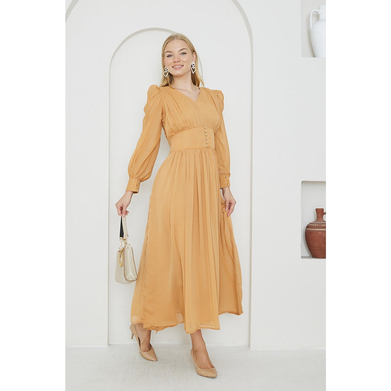 Mustard Chiffon Corset Puff Sleeves Dress | Montivo Pakistan