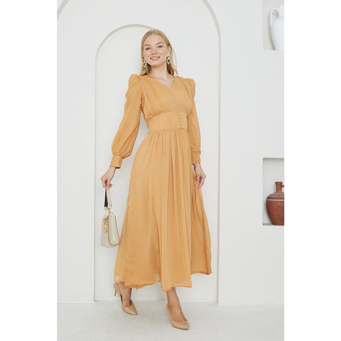 Mustard Chiffon Corset Puff Sleeves Dress | Montivo Pakistan