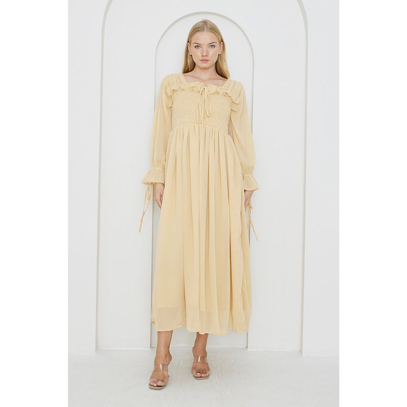 Beige Chiffon Square Collar Dress | Montivo Pakistan