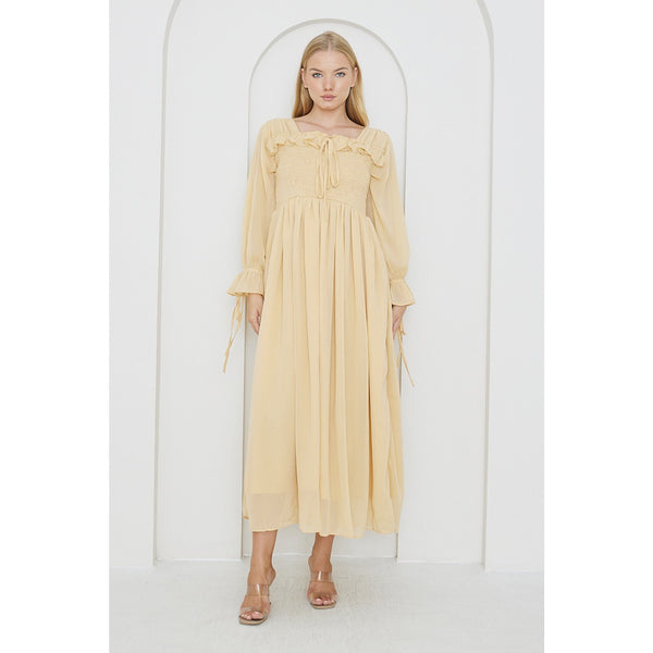 Beige Chiffon Square Collar Dress | Montivo Pakistan