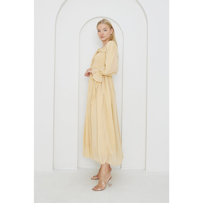 Beige Chiffon Square Collar Dress | Montivo Pakistan