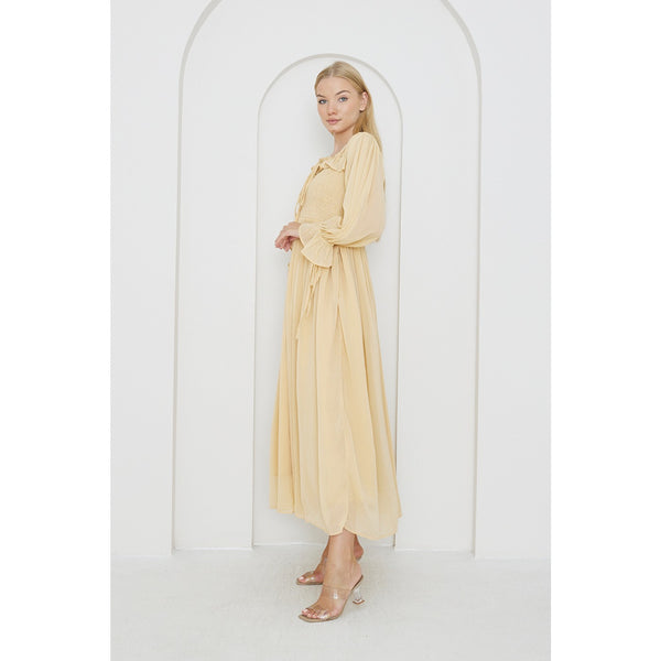 Beige Chiffon Square Collar Dress | Montivo Pakistan