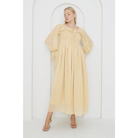 Beige Chiffon Square Collar Dress | Montivo Pakistan