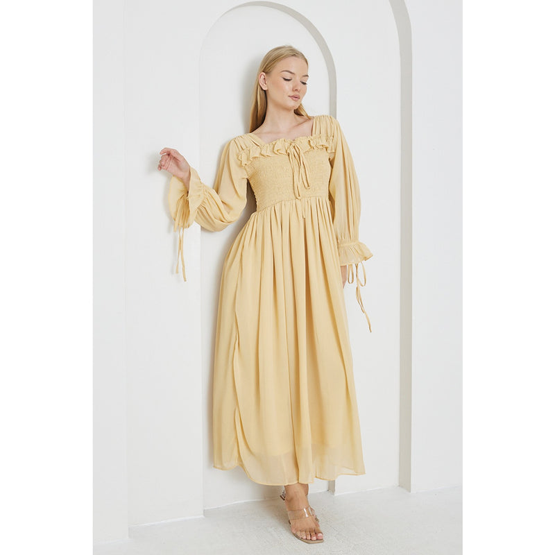 Beige Chiffon Square Collar Dress | Montivo Pakistan