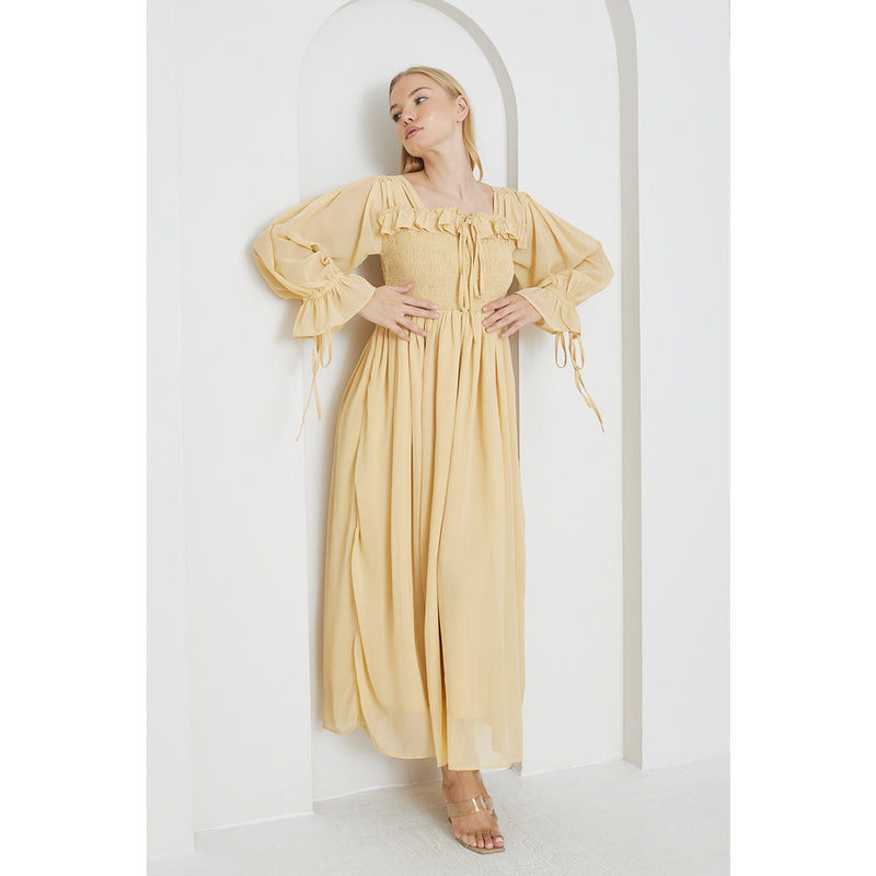 Beige Chiffon Square Collar Dress | Montivo Pakistan