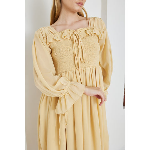 Beige Chiffon Square Collar Dress | Montivo Pakistan
