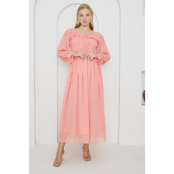 Pink Chiffon Square Collar Dress | Montivo Pakistan