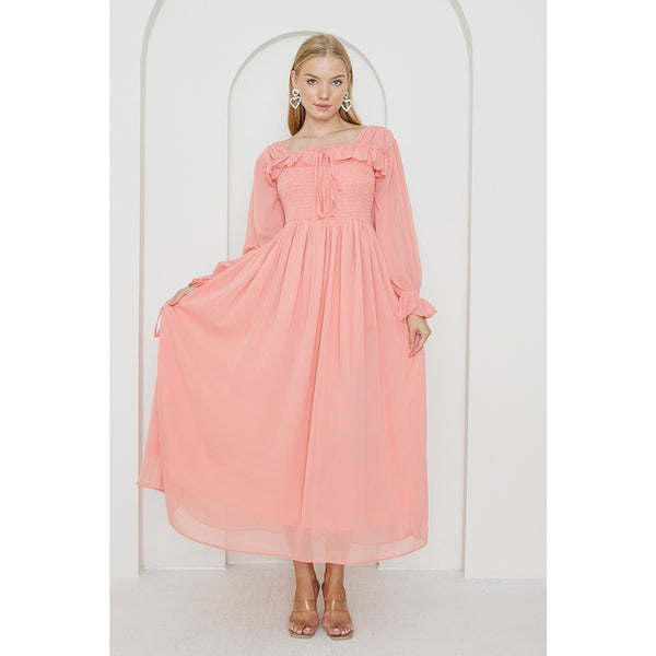 Pink Chiffon Square Collar Dress | Montivo Pakistan
