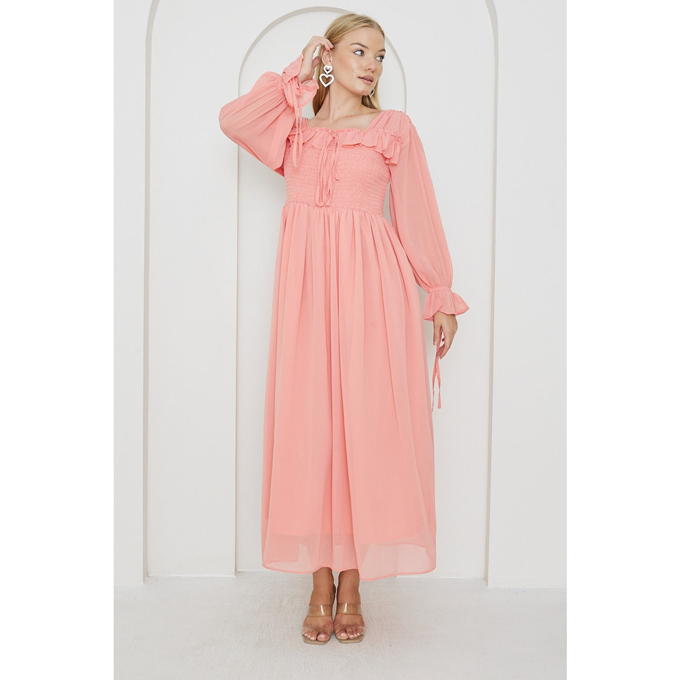 Pink Chiffon Square Collar Dress | Montivo Pakistan
