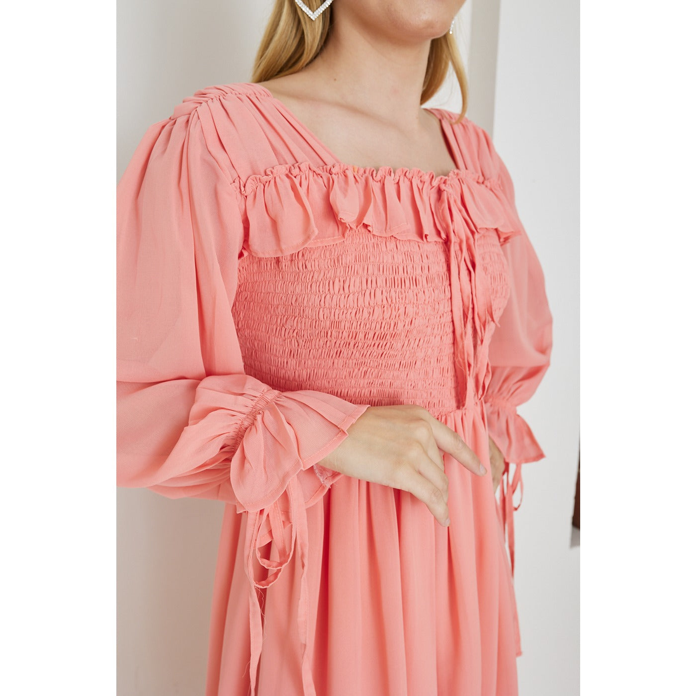 Pink Chiffon Square Collar Dress | Montivo Pakistan