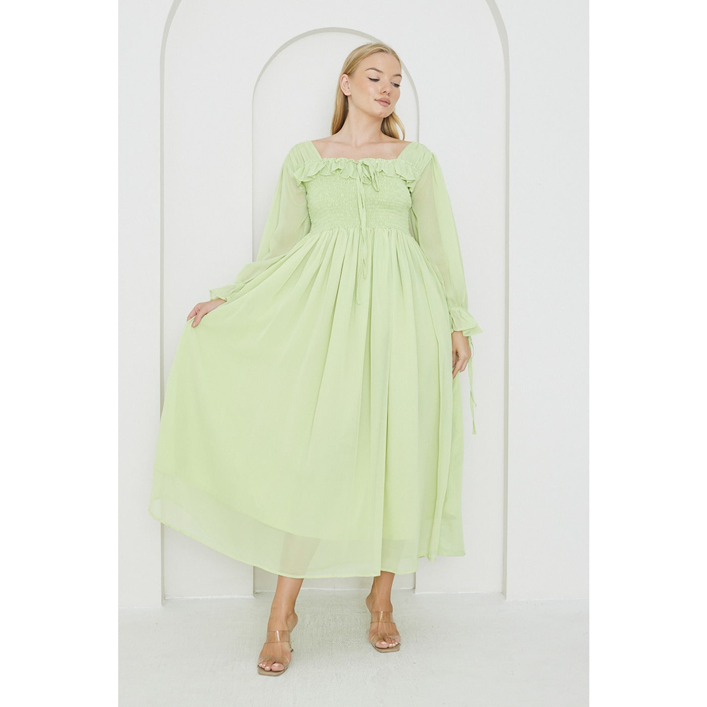 Green Chiffon Square Collar Dress | Montivo Pakistan