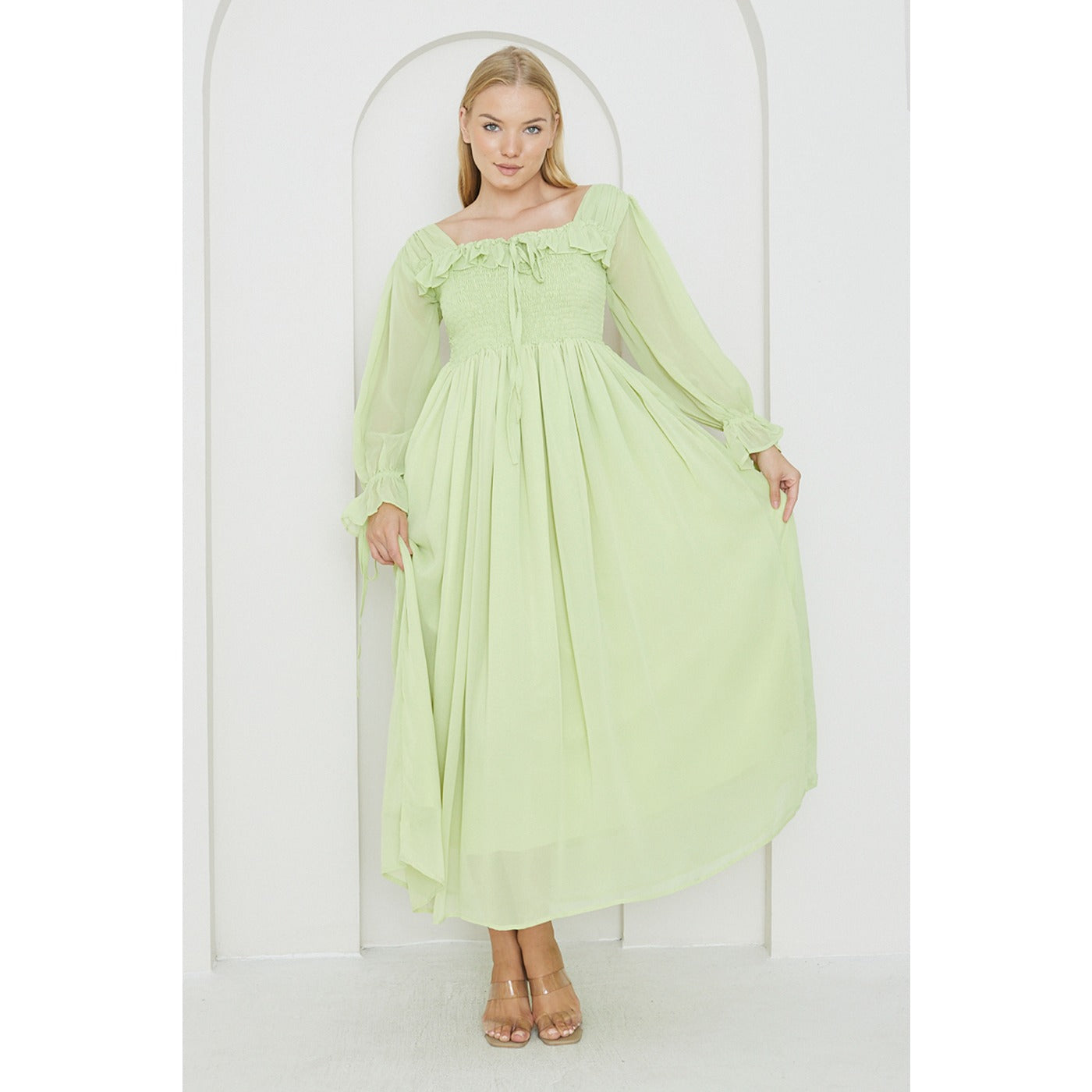 Green Chiffon Square Collar Dress | Montivo Pakistan