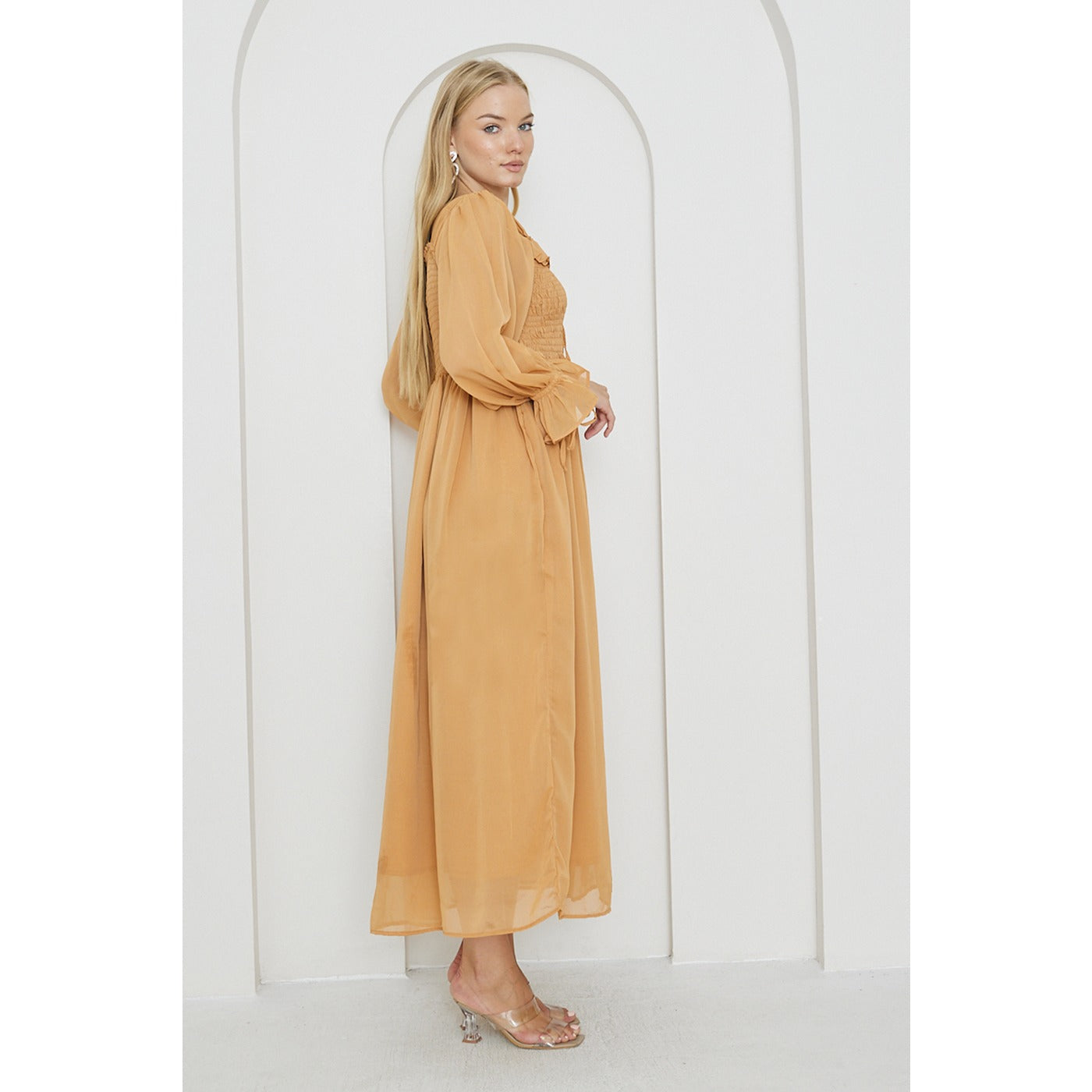 Mustard Chiffon Square Collar Dress | Montivo Pakistan