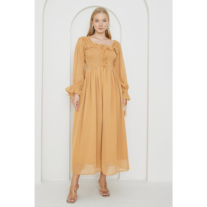 Mustard Chiffon Square Collar Dress | Montivo Pakistan